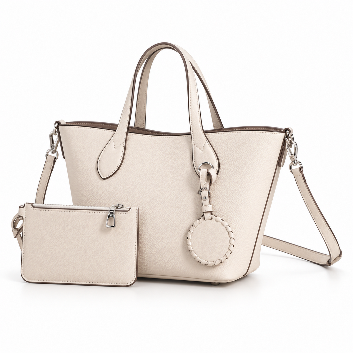 Ivory Textured Tote Bag With Pouch