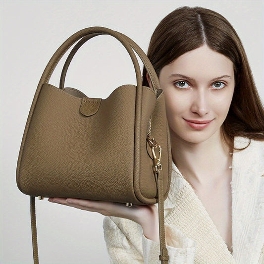 Elegant Beige Genuine Leather Women's Crossbody Bag with Detachable Strap