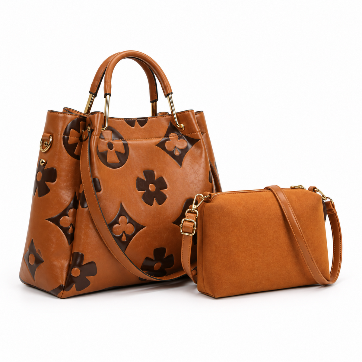 Brown Floral Embossed Tote Crossbody Set