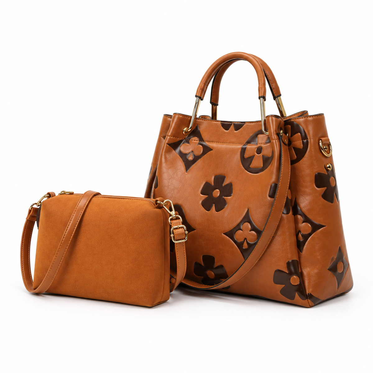 Brown Floral Embossed Tote Crossbody Set