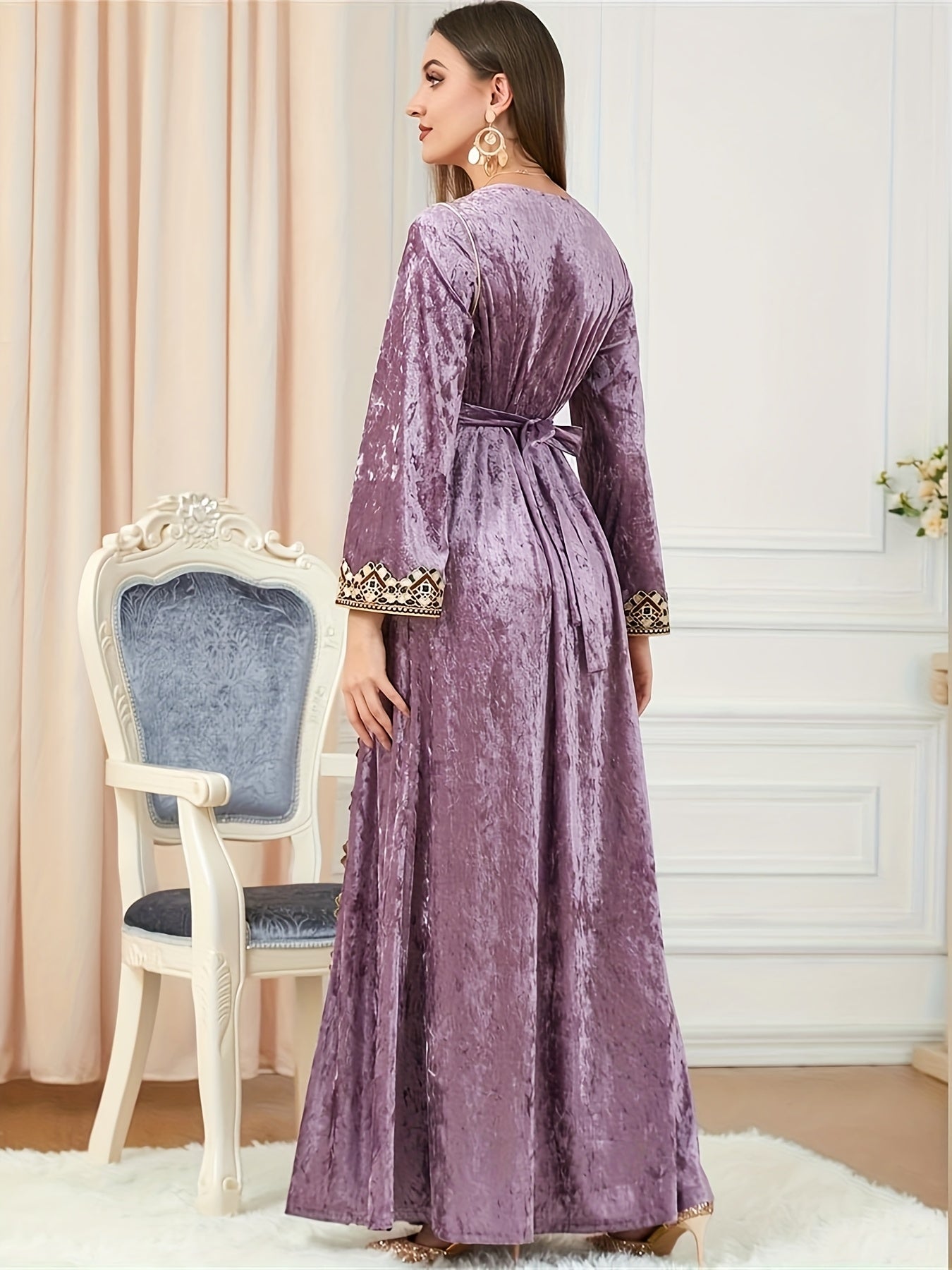 Women's Muslim Velvet Embroidered Abaya with Long Sleeves, V-Neck Moroccan Party Kaftan, Turkish Arabic Maxi Dress.