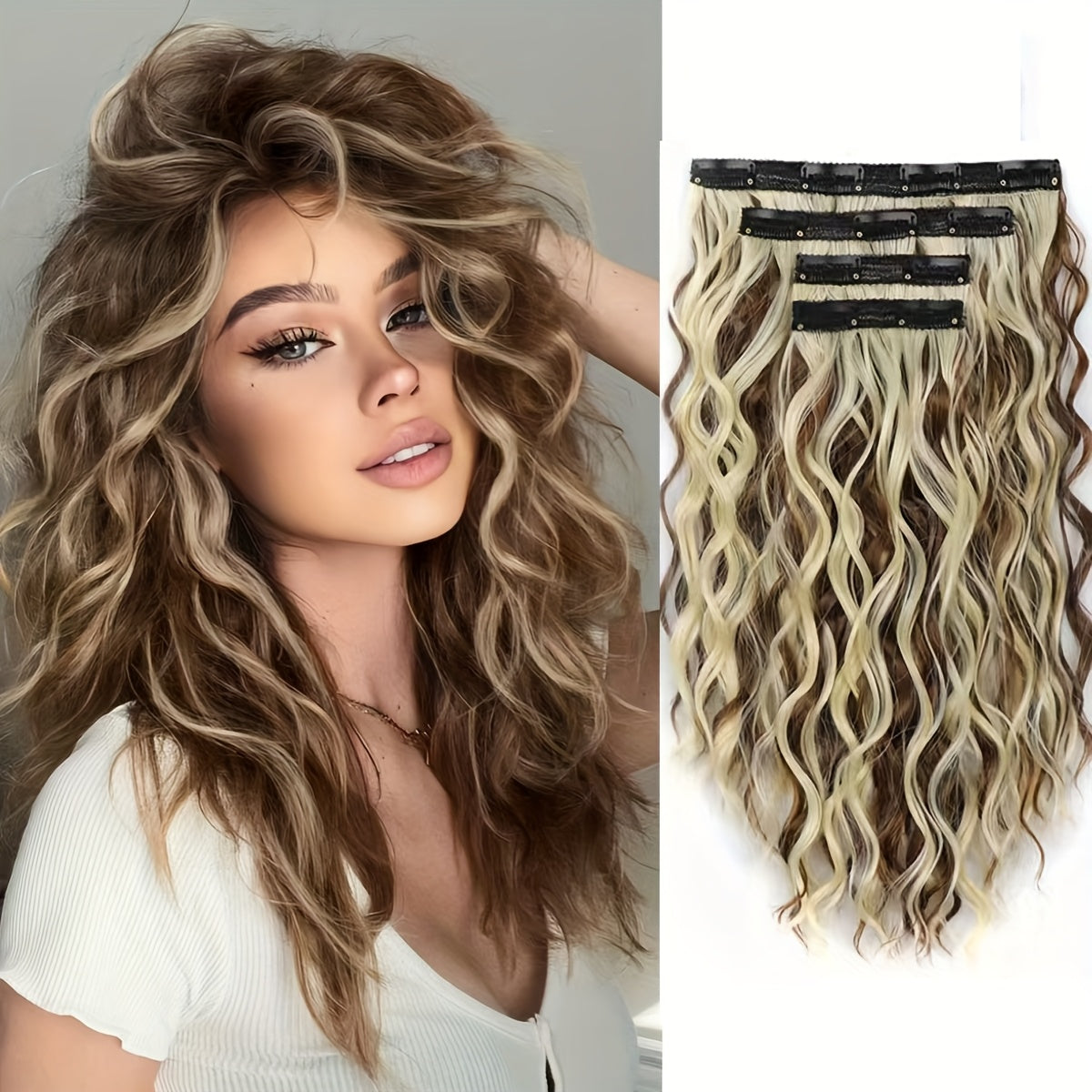 Curly Hair Extensions, 12-Inch Clip-Ins for a Short, Soft, And Look. Lace Weft Curly Wavy Clip-In Extensions That Are Discreet for Women, Featuring a Chocolate Brown Base with Honey Blonde Highlights