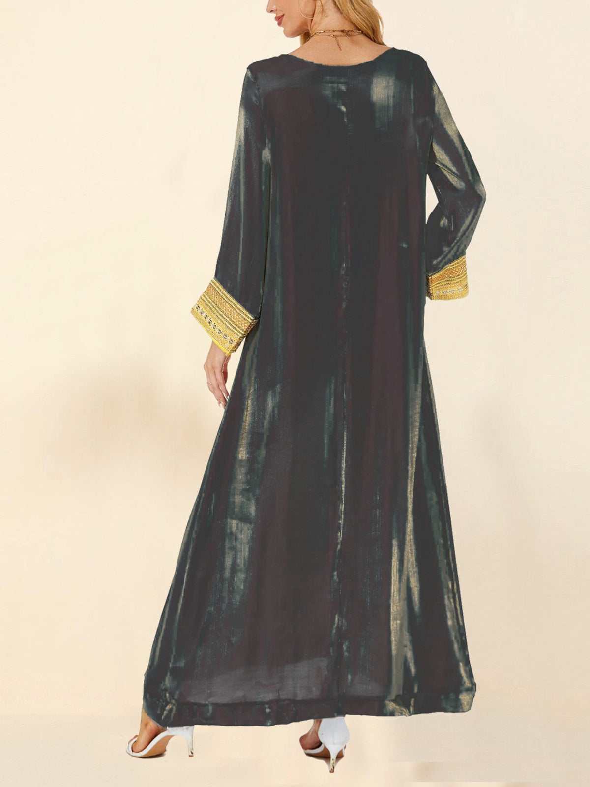 Elegant Women's Long Sleeve Baju Abaya Dress - Crew Neck, Patchwork Design, Loose Swing Fit, Solid Color, Perfect for Spring/Summer, Casual to Formal Wear, Casual Formal Dress