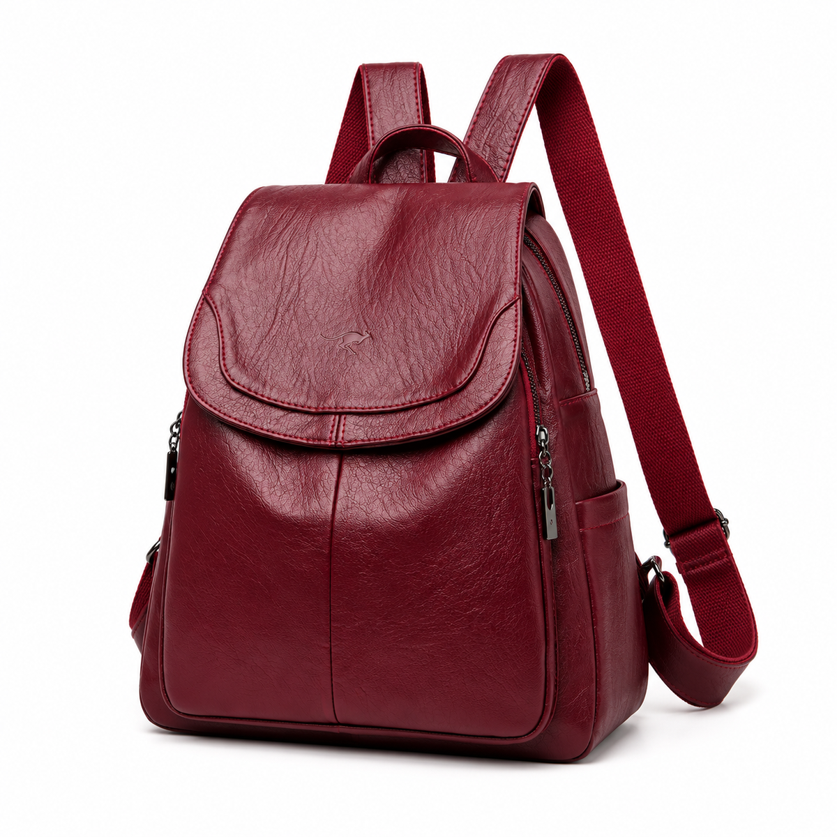 Burgundy Textured Flap Backpack With Pockets