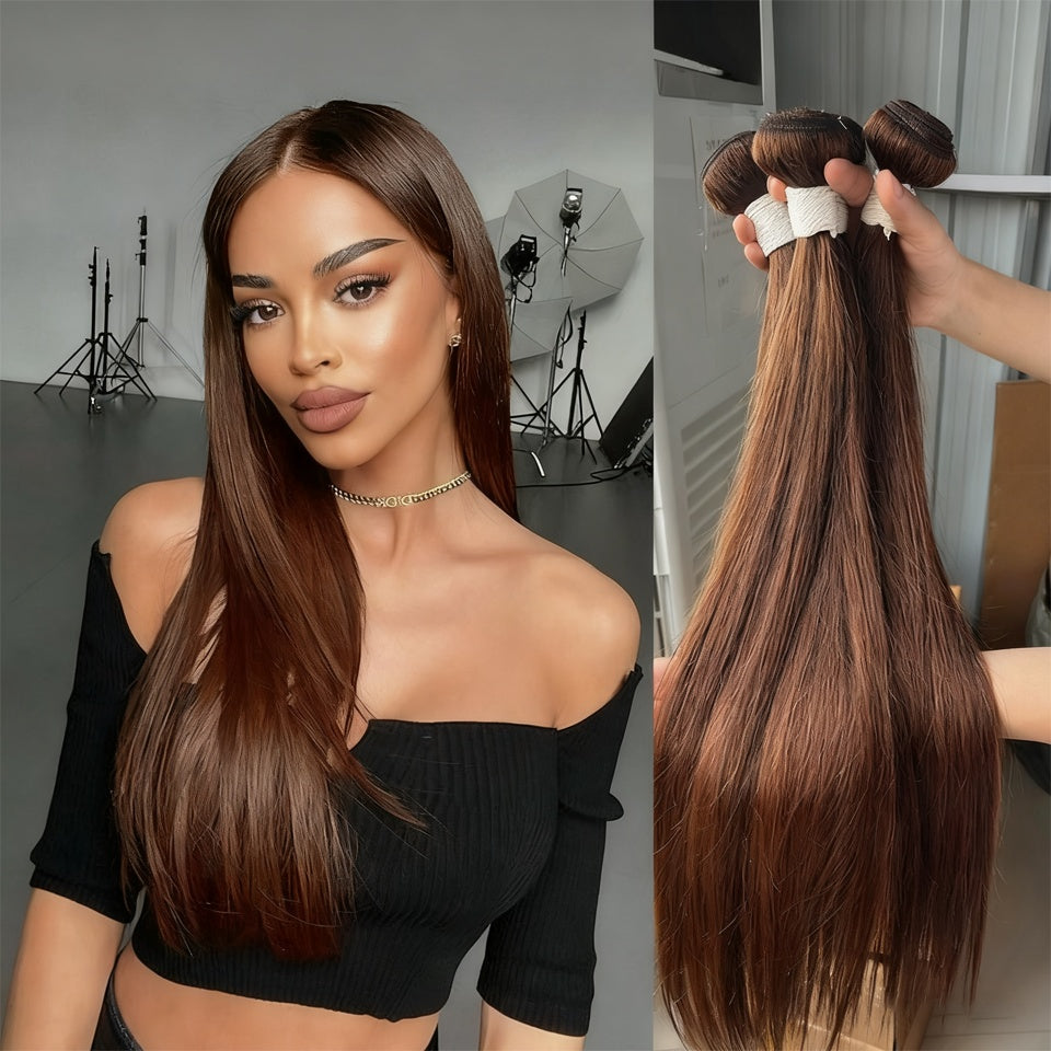 #4 Brown | 100% Virgin Human Hair Extensions 3 Bundles - Brazilian Remy Clip-Ins for School, College, Party & Dating | Soft, Tangle-Free & Smooth | Back to School Ready! Limited Time Offer
