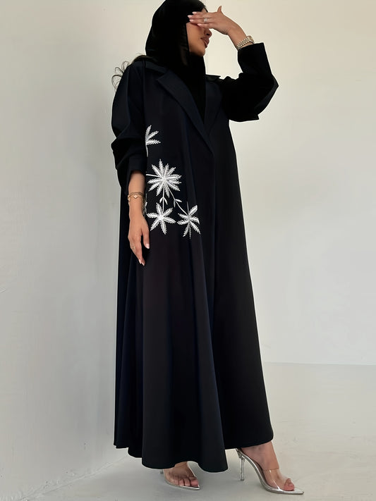 Elegant Black Modest Embroidered Abaya with Floral Pattern - Long Sleeve, Open Front, Loose Fit for Women - Perfect for Spring/Summer/Fall - Dubai Style, Modest Apparel | Elegant Abaya
