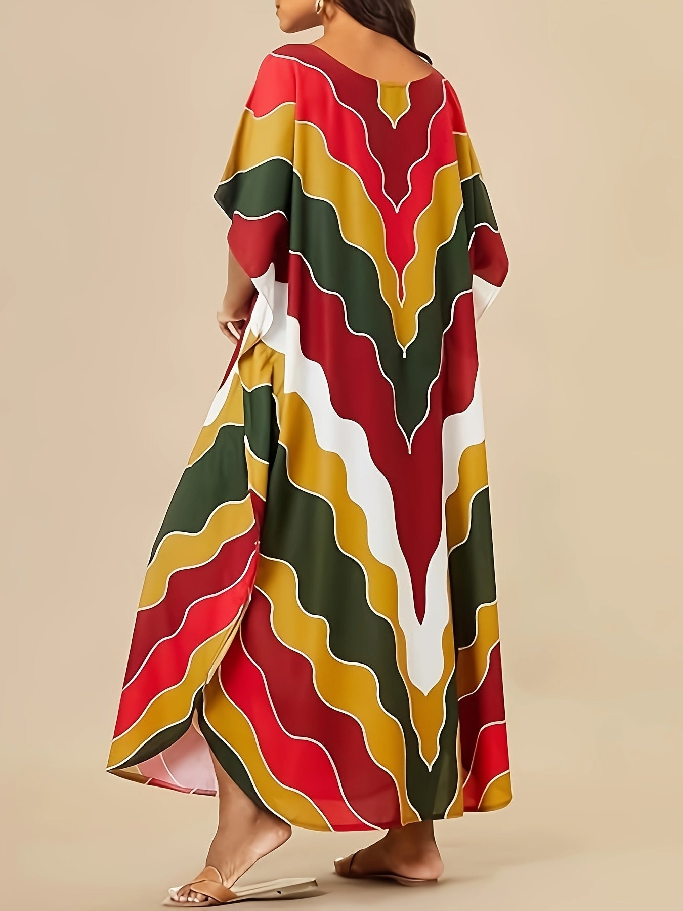 [Long Printed Kaftan] Long V-Neck Printed Kaftan Dresses For Women | Slid Split Swimsuit Cover Up Kaftan Lounge Dresses