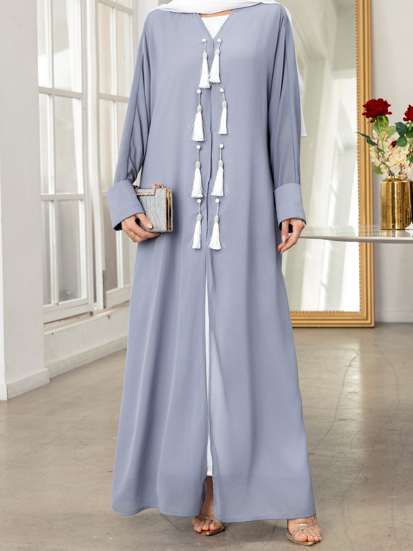 Elegant Gray Long Sleeve Tassel Cardigan - Loose Fit Caftan Gown for All Seasons