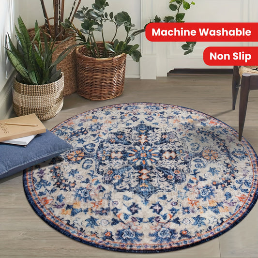 Bohemian Round Rug Bedroom Round Area Rug Soft Bathroom Arabian Circle Mat, Vintage Machine Washable Non Slip Low Pile Indoor Floor Carpet For Kitchen, Laundry Room, Entryway