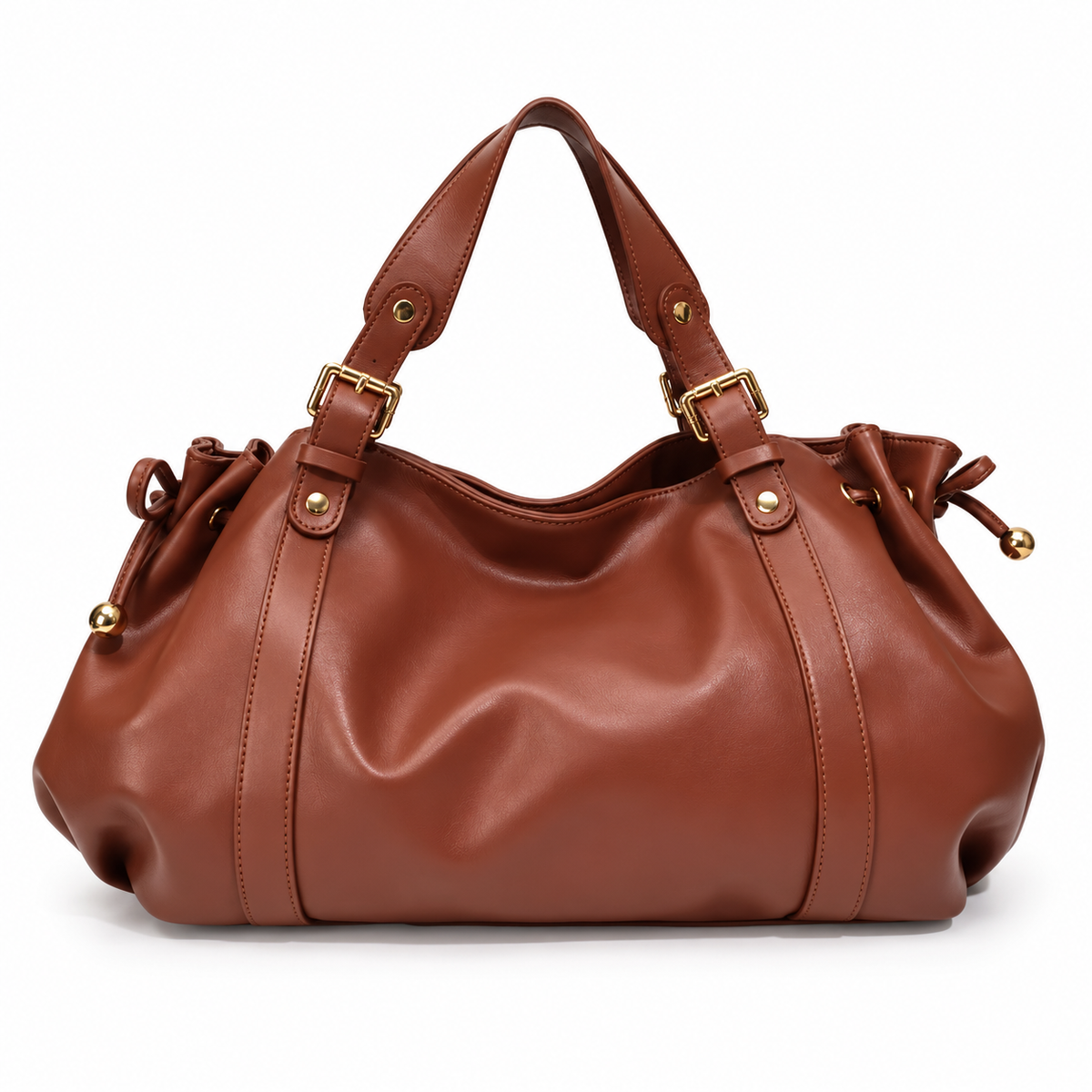 Elegant Brown Slouchy Handbag With Buckles