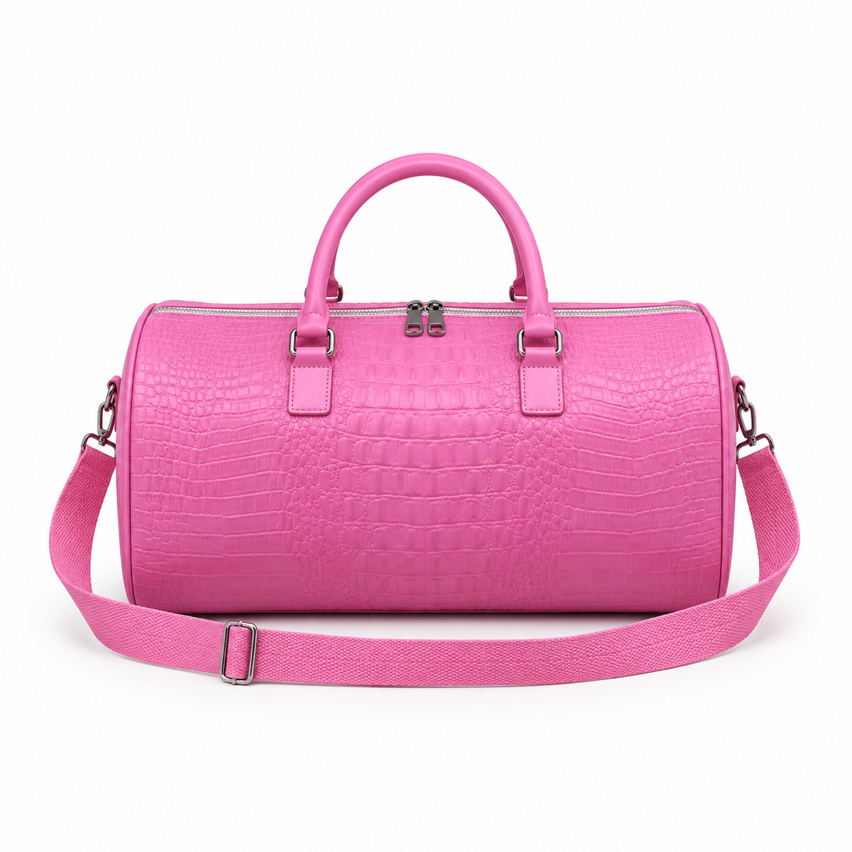 Pink Crocodile Embossed Leather Duffel Bag