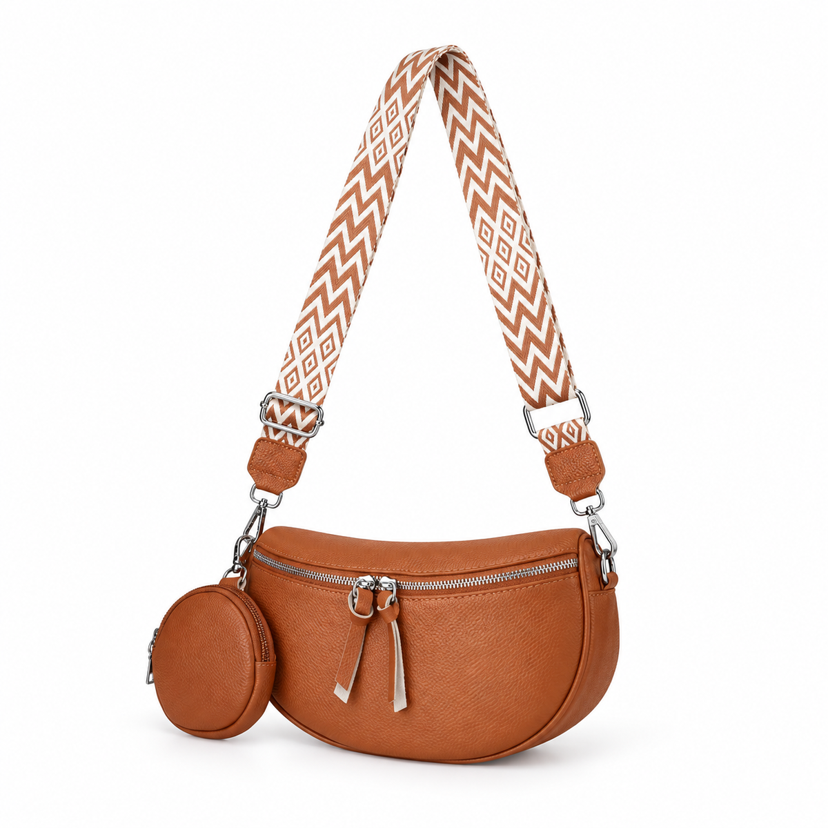 Brown Crescent Sling Bag With Pouch