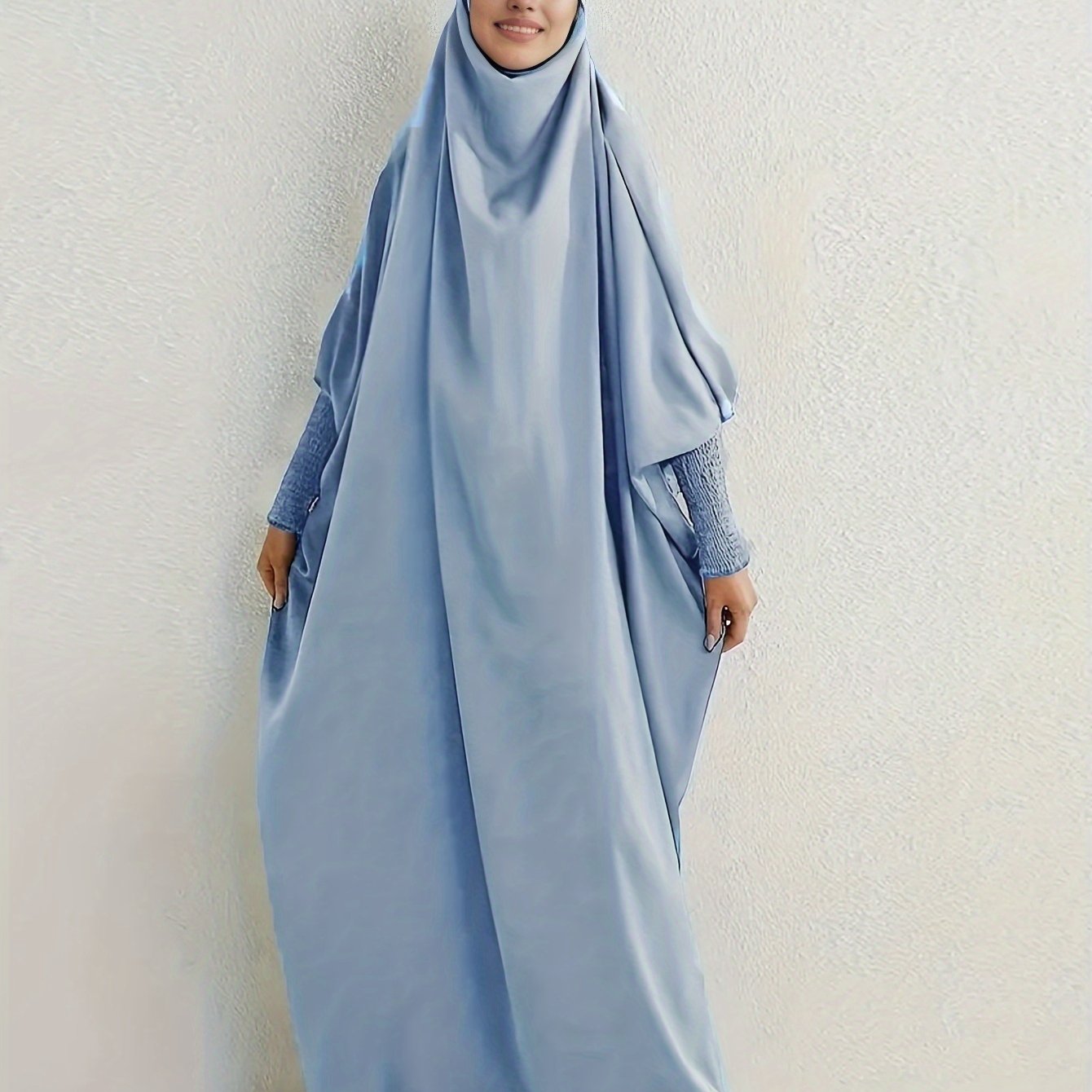 Elegant Light Pink Modesty Dress with Hijab - Women's Long Sleeve Jibab Abaya, Maxi Prayer Dress, Polyester, Non-Stretch Fabric, Machine Washable