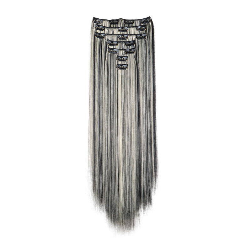 Long Straight Hair Extensions in a Seven-Piece Set, Suitable for Women, Featuring European And American Styles with 16 Clips for a Curtain Effect