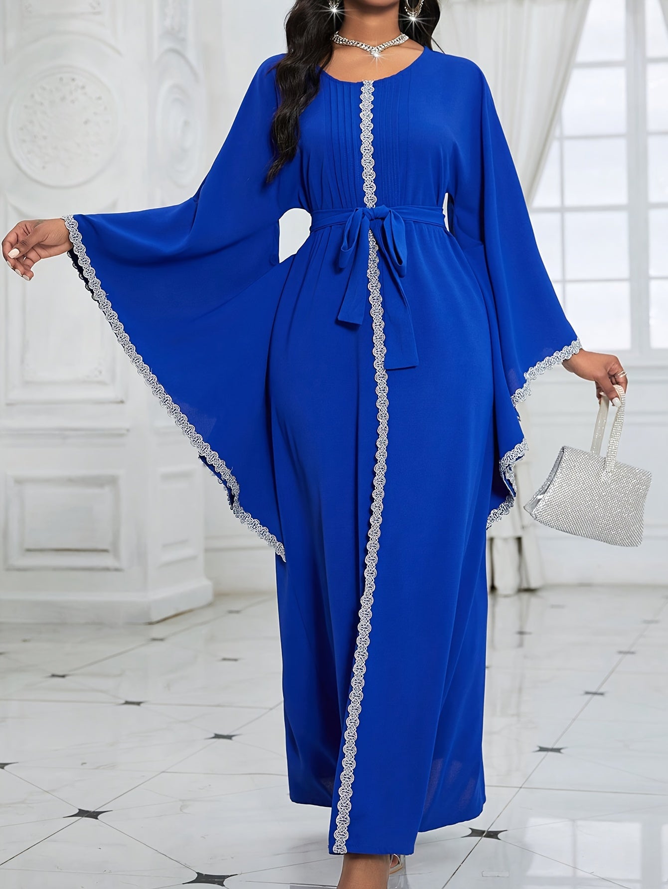 Women's Middle Eastern-Inspired Geometric Print Pakistani Abaya - Long Sleeve Belted Waist Floor-Length Dress with Pockets, Breathable Fabric for Spring/Summer