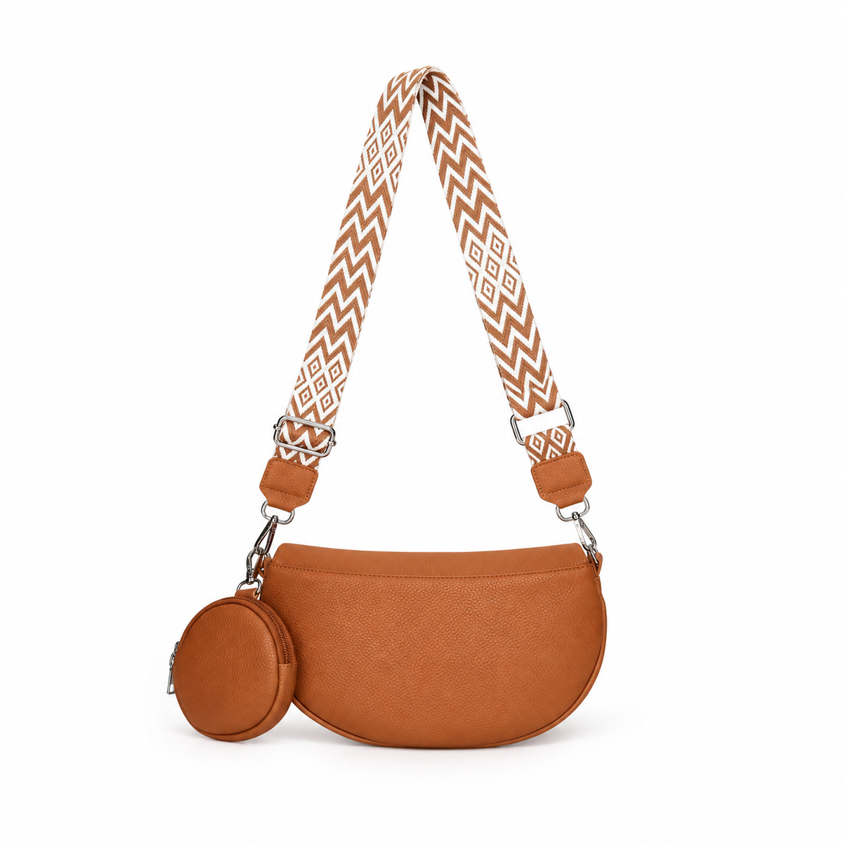 Brown Crescent Sling Bag With Pouch