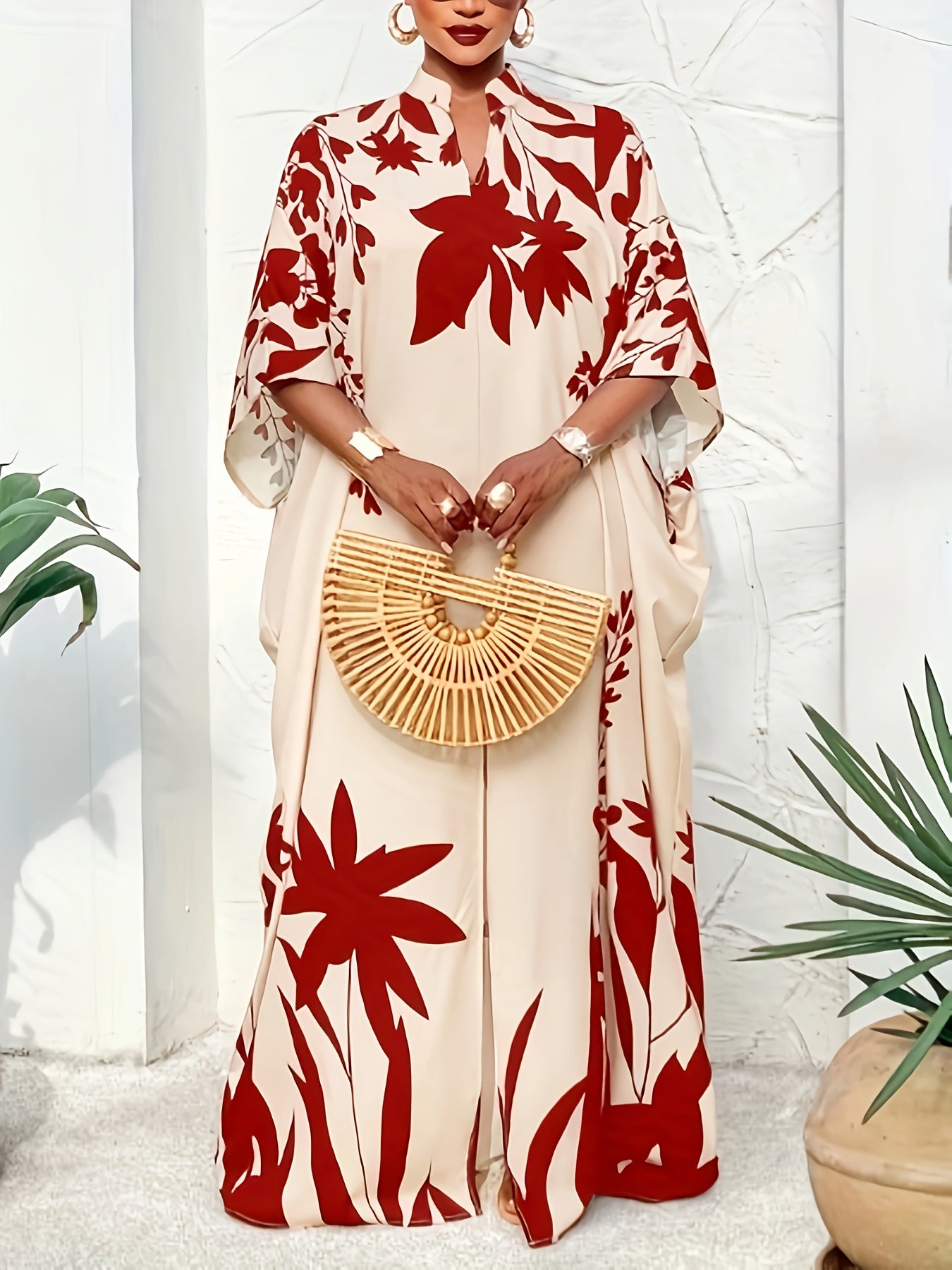 Plus Size, Autumn/Winter Plus Size Blue and White Botanical Print Elegant Dress, Flattering and, Versatile for Daily Outings, Suitable for Christmas, Valentine's Day, and Various Holiday Occasions