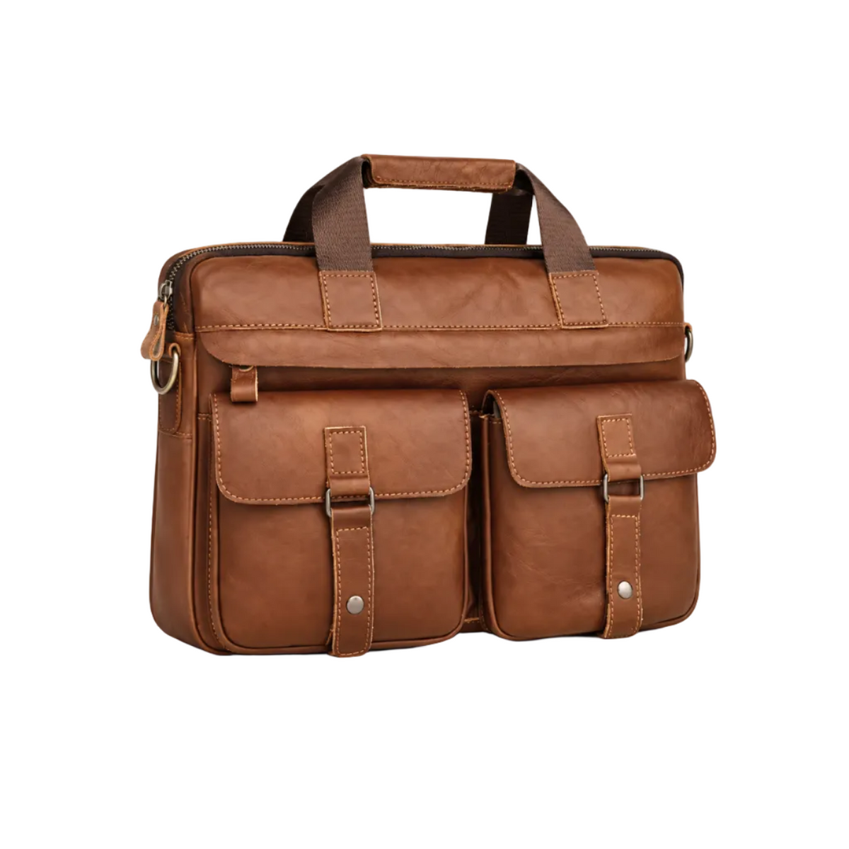 Classic Cognac Leather Briefcase With Pockets