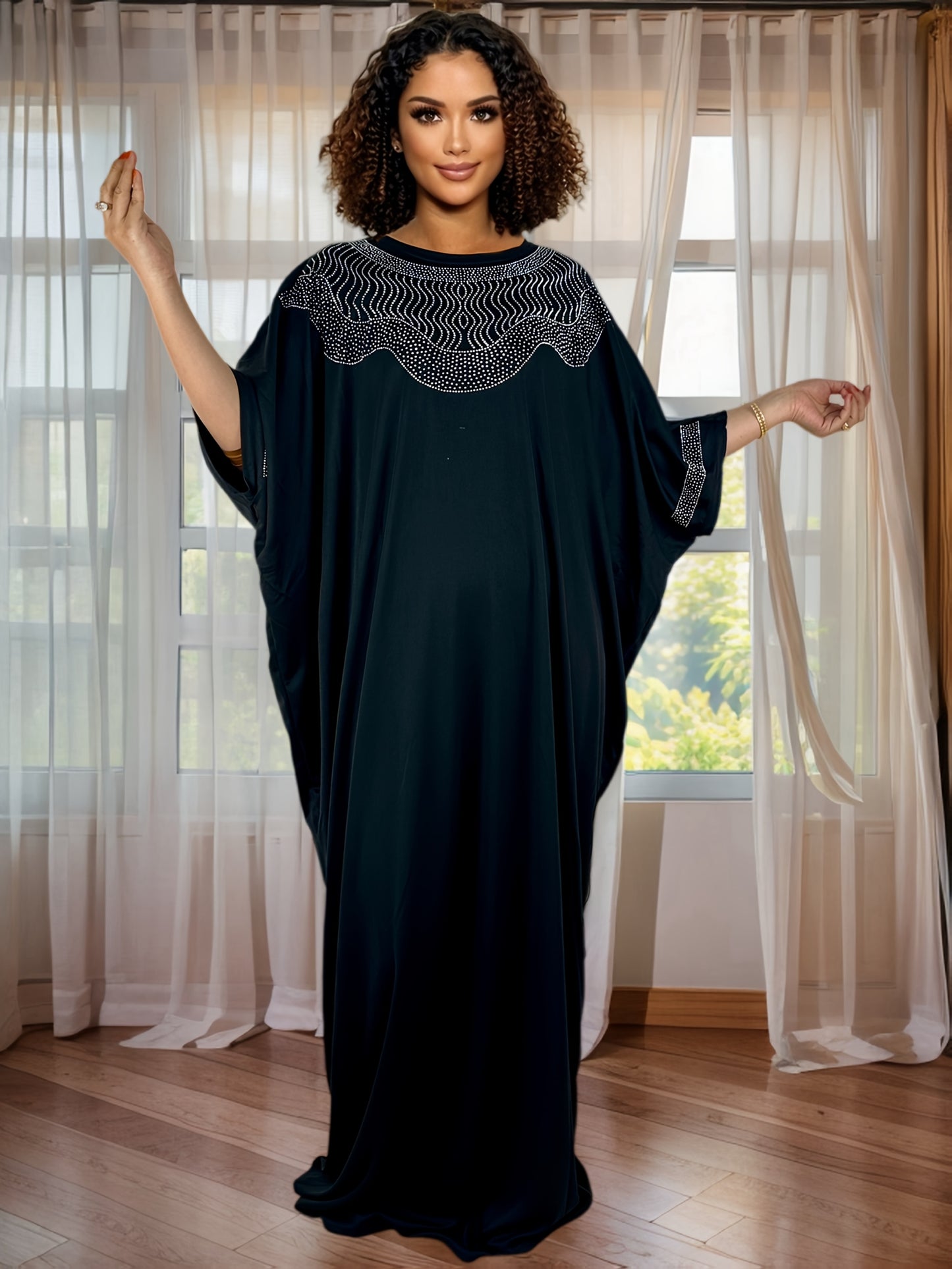 Plus Size - Plus Size - Zuan005#Black Long Robe with Rhinestones on The Front And Back
