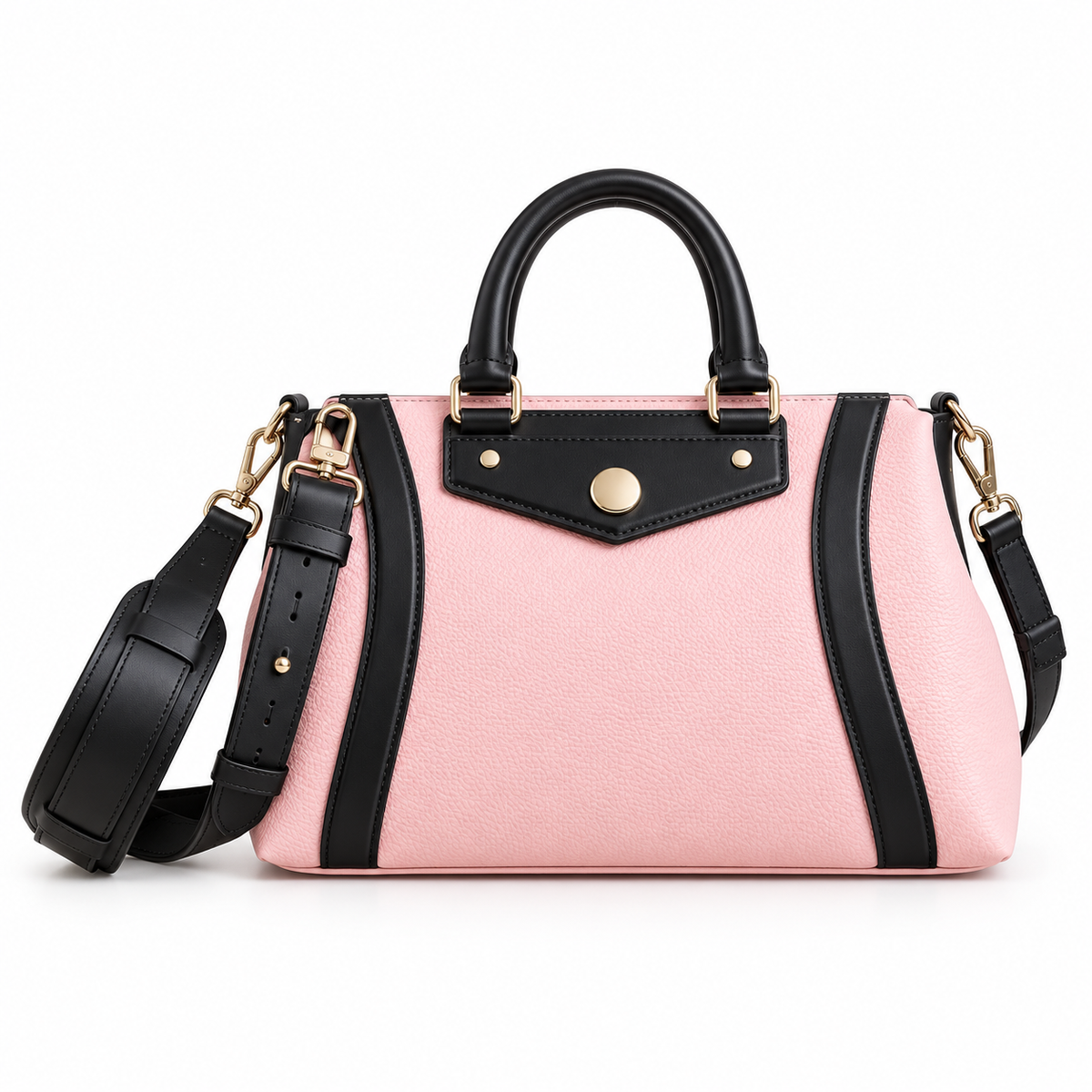 Pink Textured Handbag With Black Trim