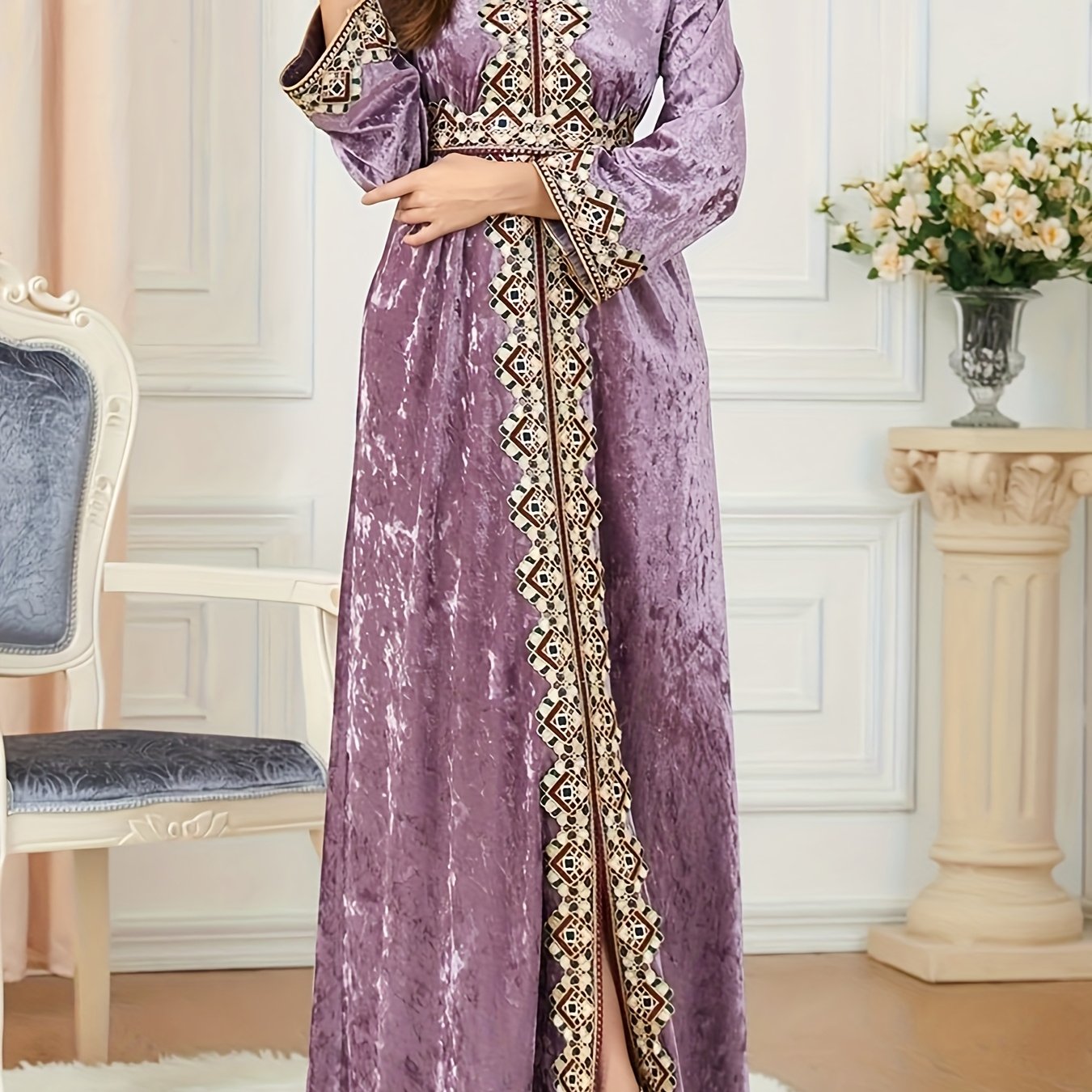 Women's Elegant Velvet Embroidery Abaya Kaftan - Long Sleeve V-Neck with Adjustable Waist Belt, A-Line Silhouette & Flared Hem for Modest Moroccan Turkish Arab Style