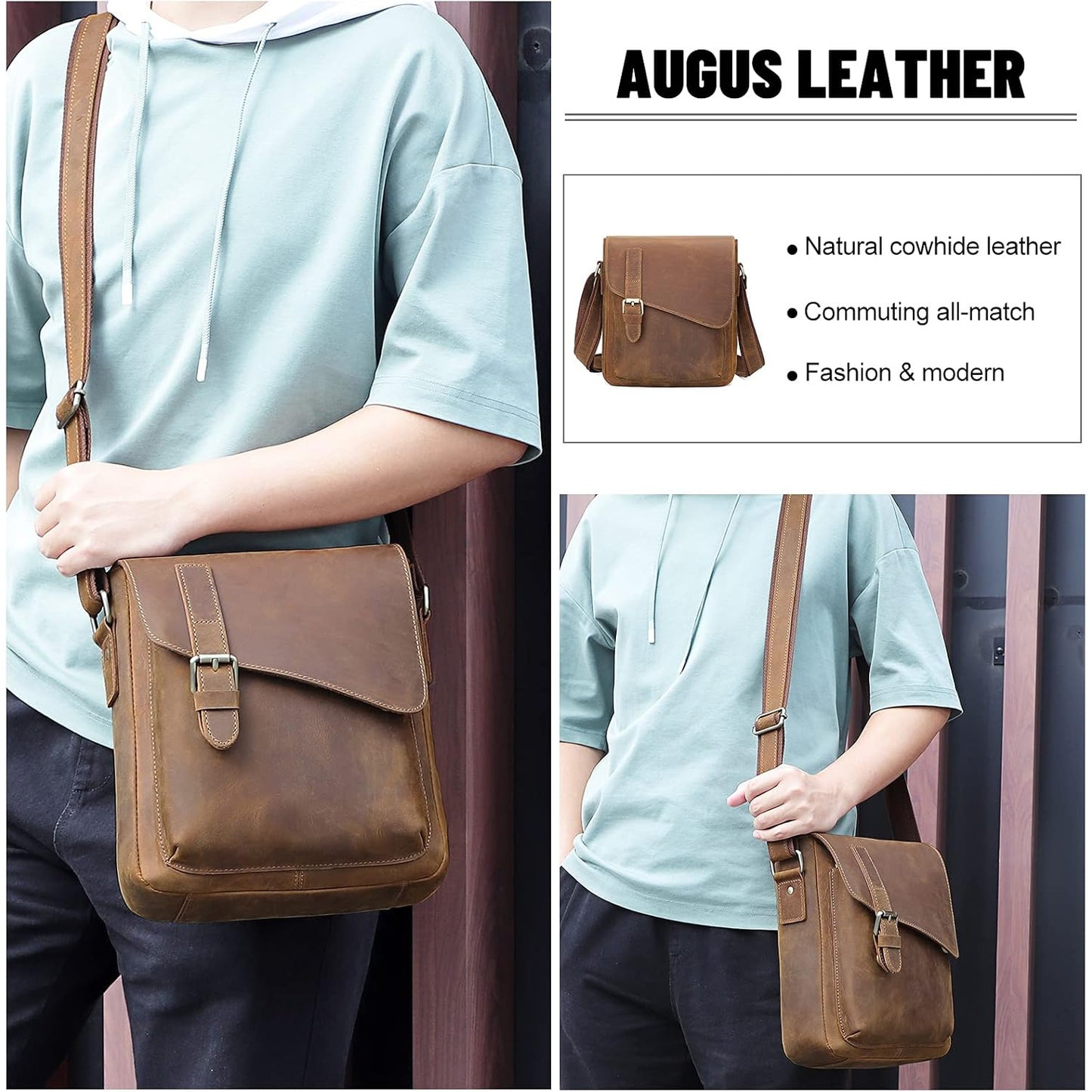 Vintage Leather Messenger Bag for Men & Women - Adjustable Crossbody Shoulder Bag with Multiple Compartments, Front Flap Closure & Top Handle