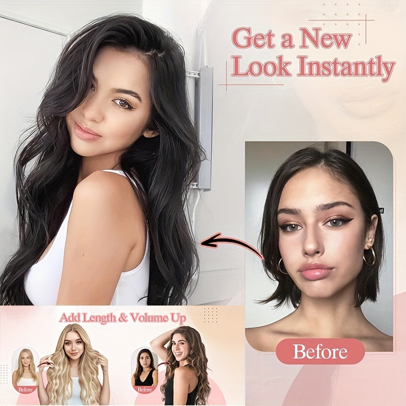 20-Inch Single Piece Clip-In Hair Extensions Made from Human Hair, Featuring an Upgraded V-Shape Design with Five Clips, Ideal for Women Seeking Long Hairpieces