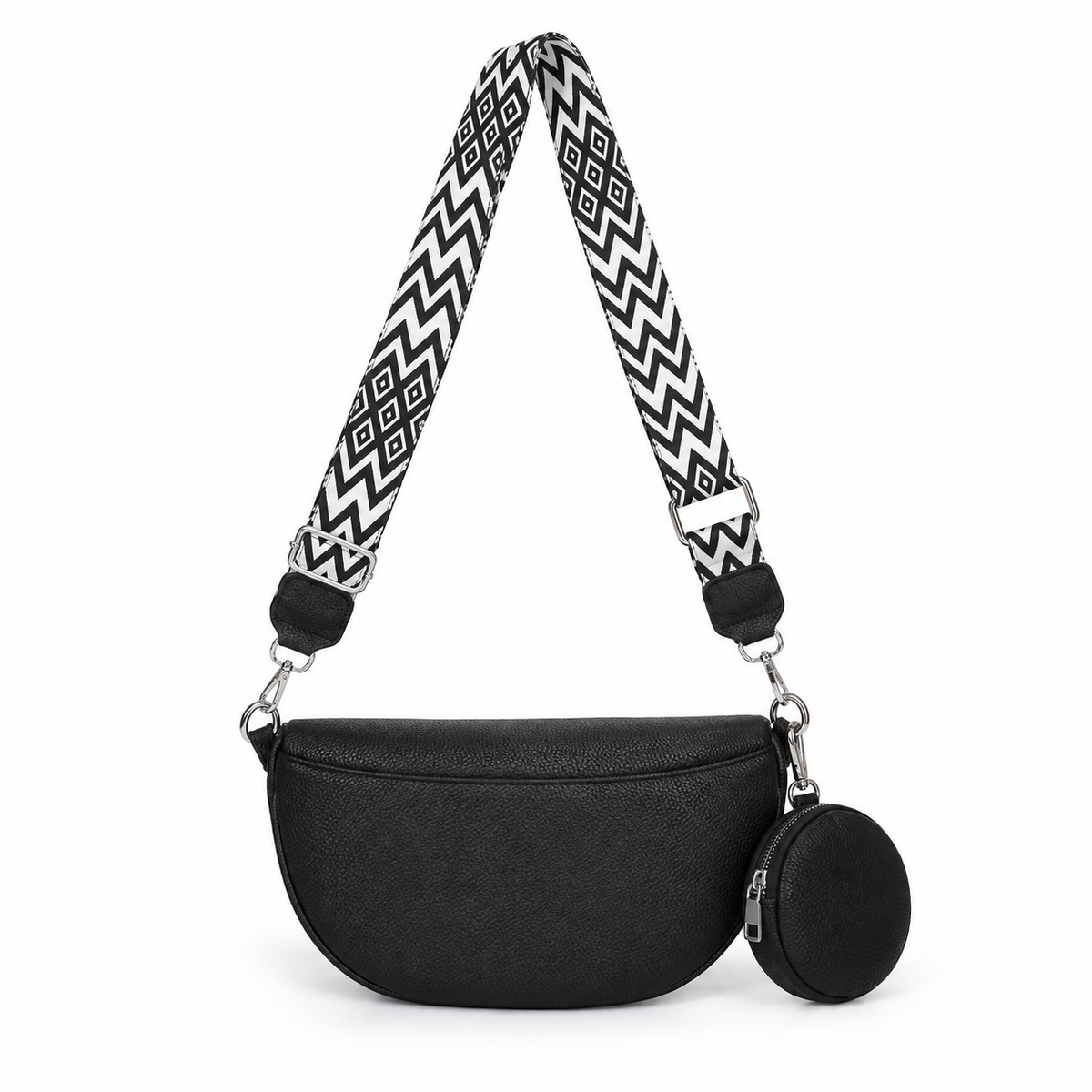Black Sling Bag With Geometric Strap