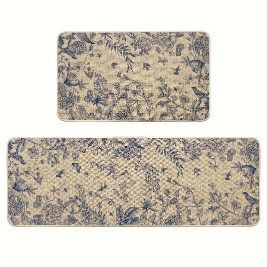 Flower Bird Leaves Kitchen Mats, Home Decor Low-Profile Kitchen Rugs For Floor - 17x29 Inches And 17x47 Inches