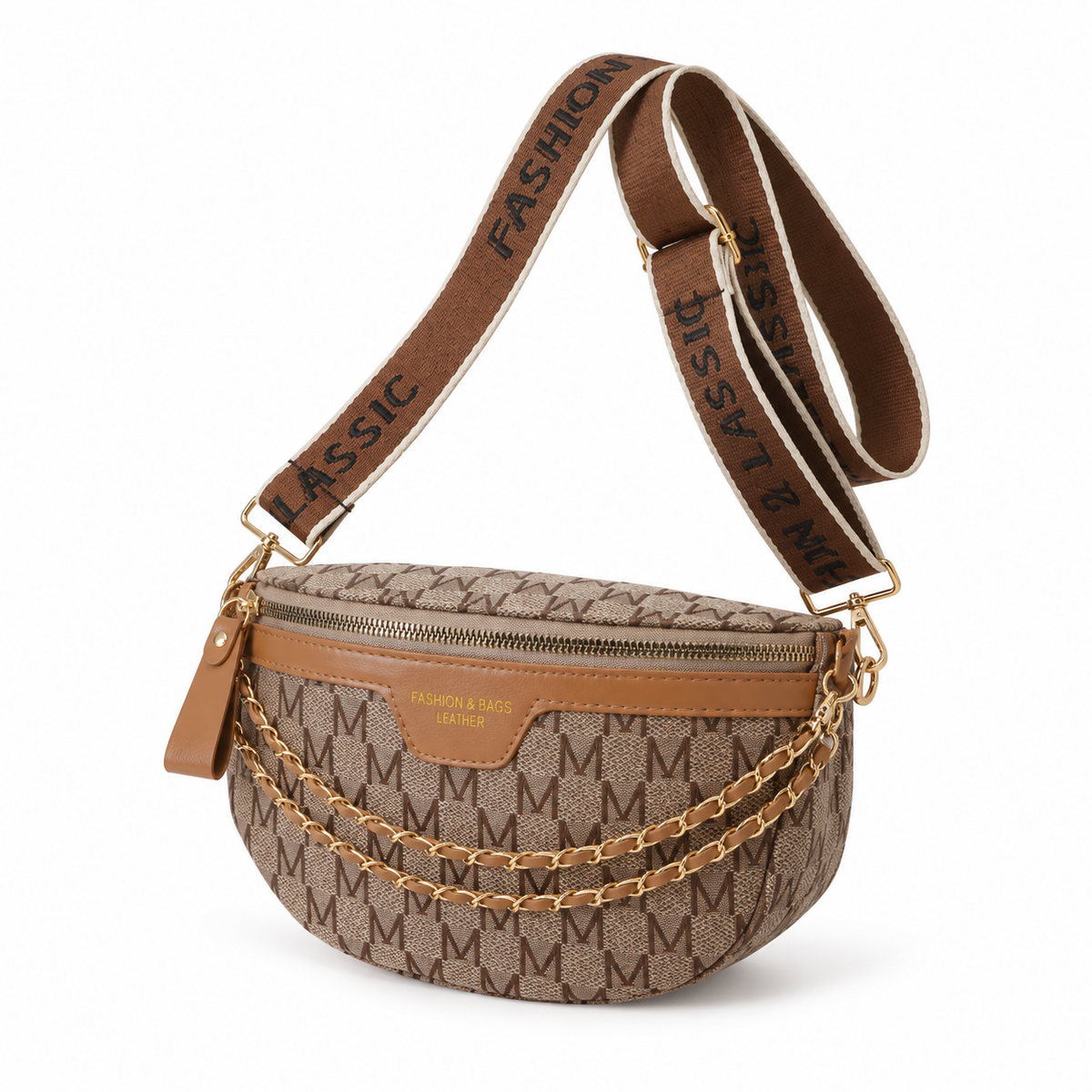 Brown Monogram Crossbody Bag With Chains