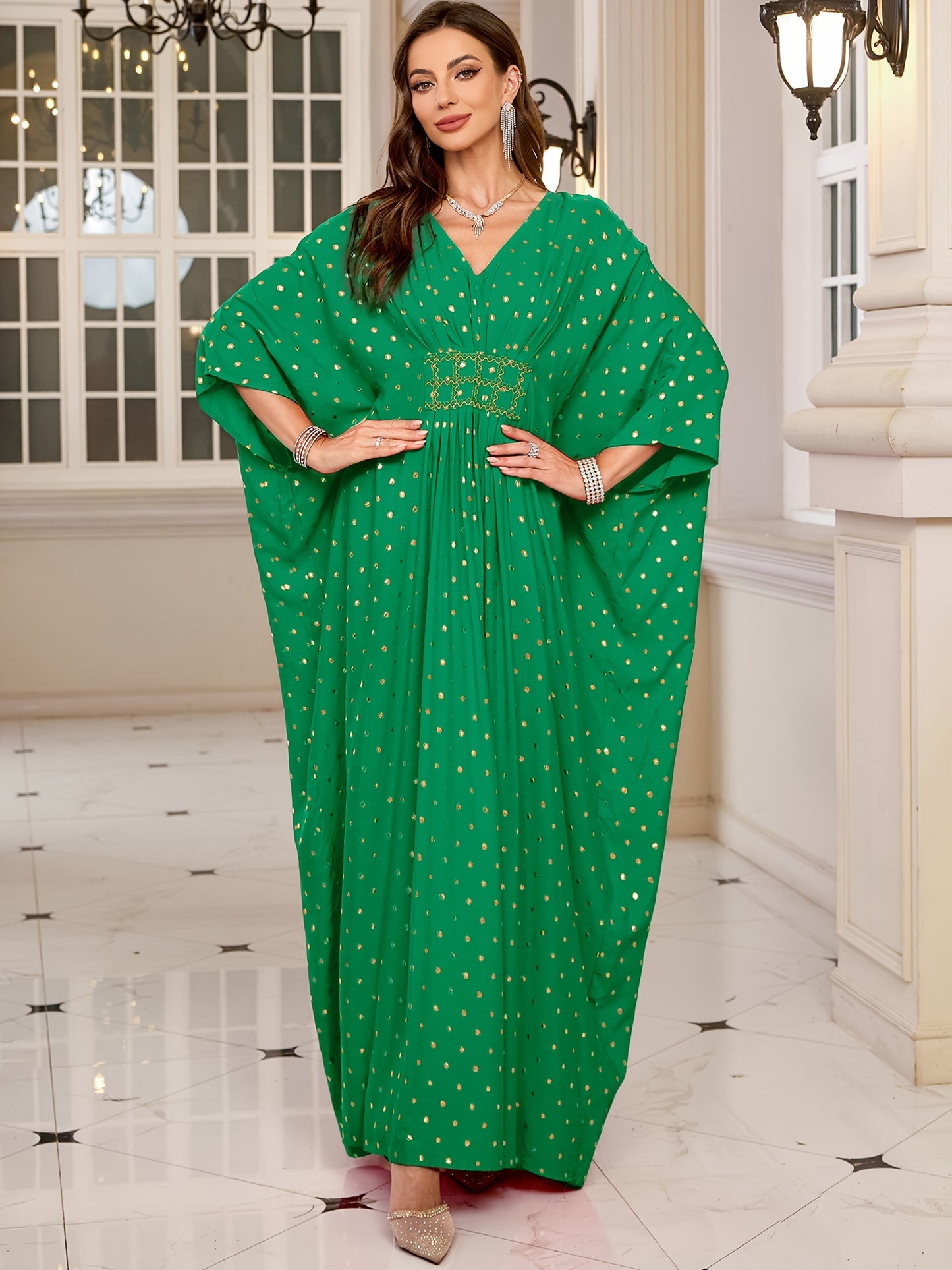 EDOLYNSA V-Neck Elegant Green Waist-Cinched Side-Draped Polka Dot Long Batwing Sleeve Dress, Middle Eastern Fashion Loose Cover-Up Kaftan Robe Q1804