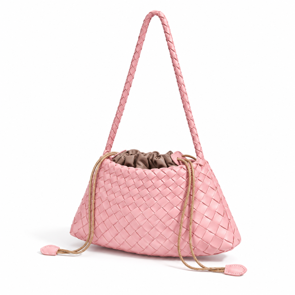 Pink Woven Shoulder Bag With Drawstring