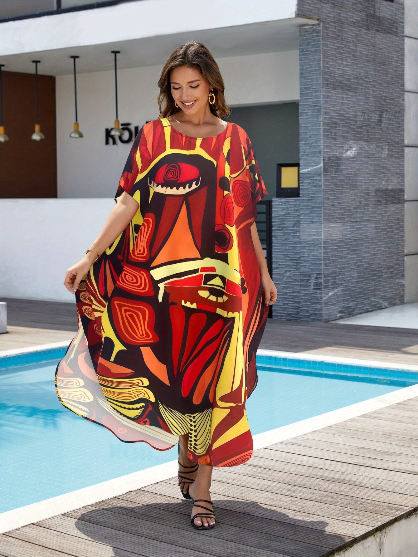 Women'S Plus Size Round Neck Short Sleeve Kaftan Dress Swimwear Tunic for Poolside & Tropical Vacation, Loose Fit Boho