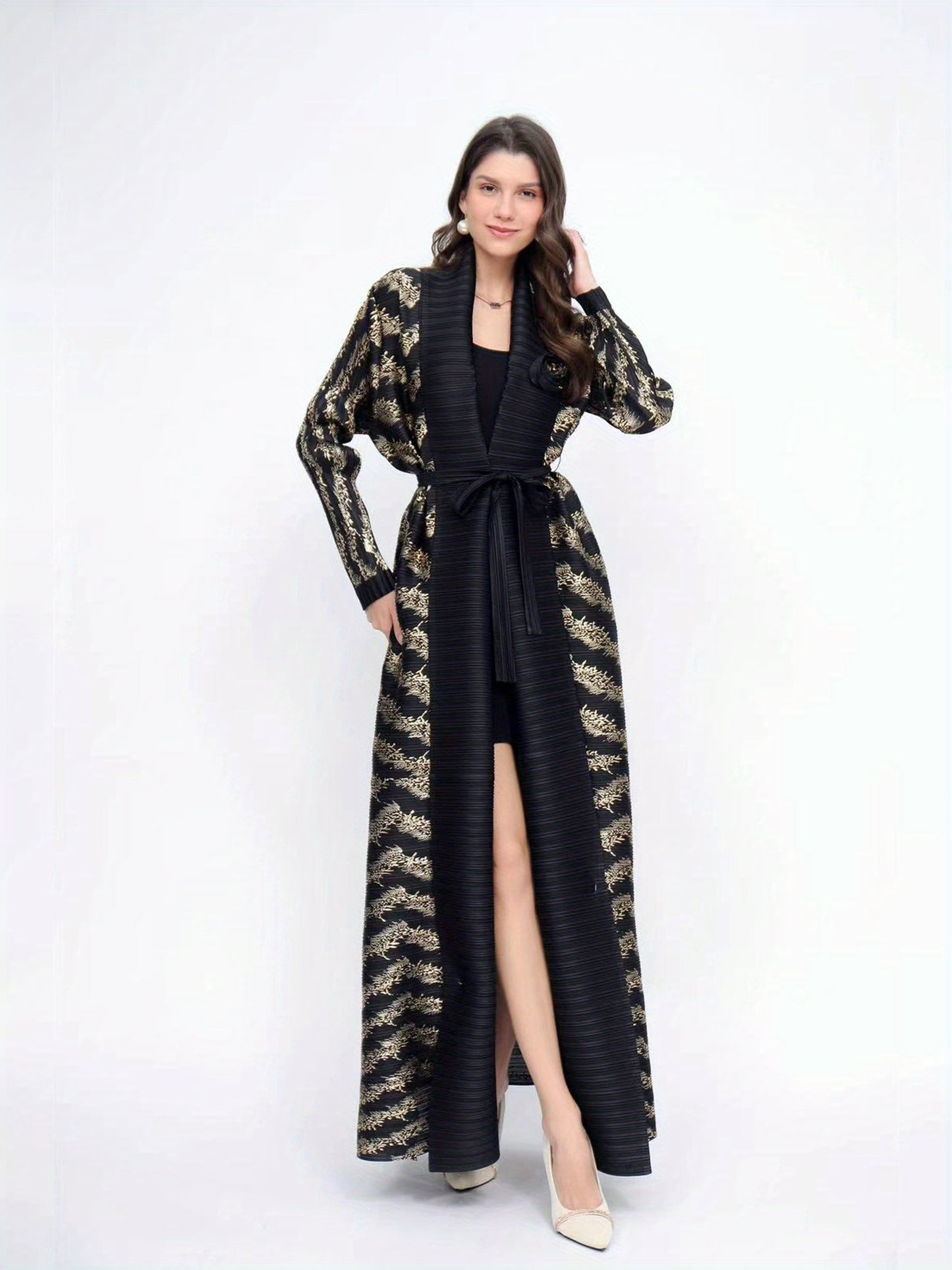 Women's Elegant Black Abaya with Golden Geometric Pattern - Stylish Long-Sleeve Kaftan for Office, Formal Events, and Ramadan - Versatile Middle Eastern Attire, Formal Attire | Elegant Abaya
