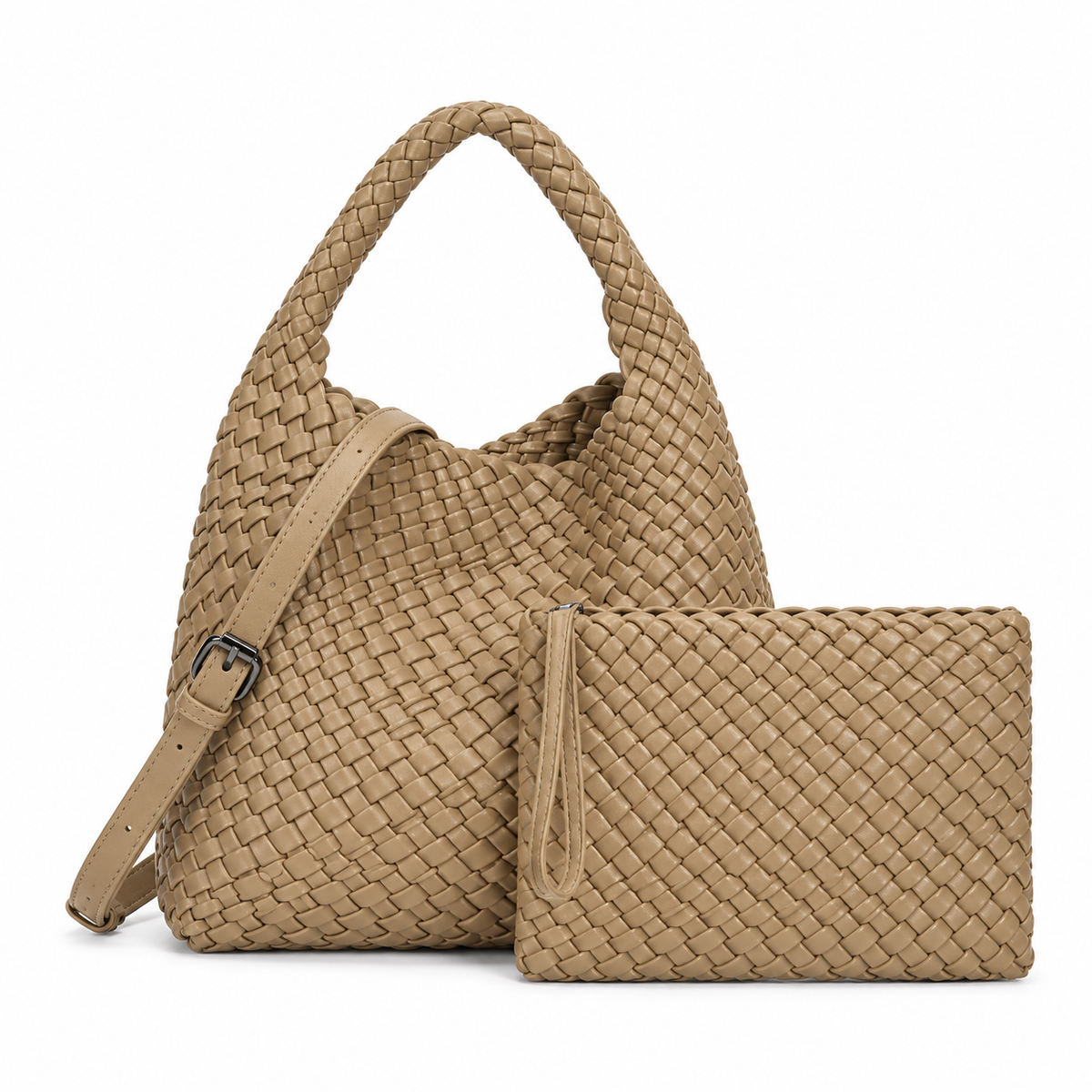 Khaki Woven Hobo Bag With Pouch