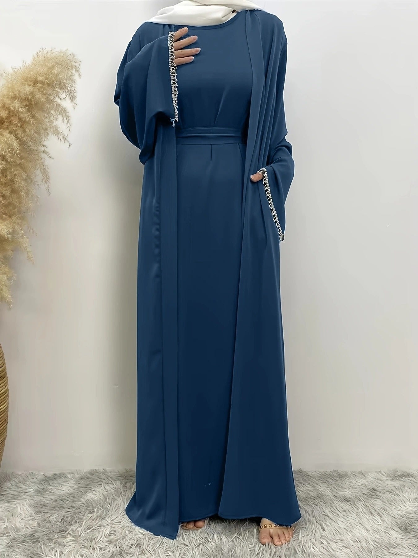 Ramadan Muslim Pakistani Abaya Women's 2pcs Set Rhinestone Open Front Hijab Dress Dubai Kaftan