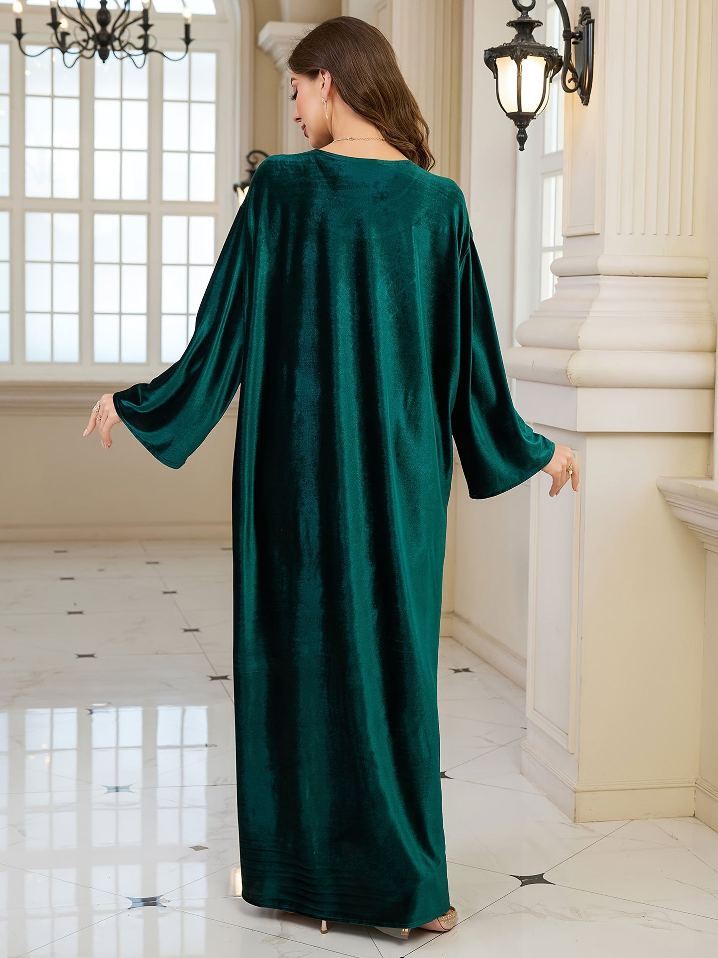 EDOLYNSA round neck embroidery long elegant dark green long sleeve side pocket ethnic dress Turkish robe Middle Eastern fashion casual vacation large size Kaftan blouse