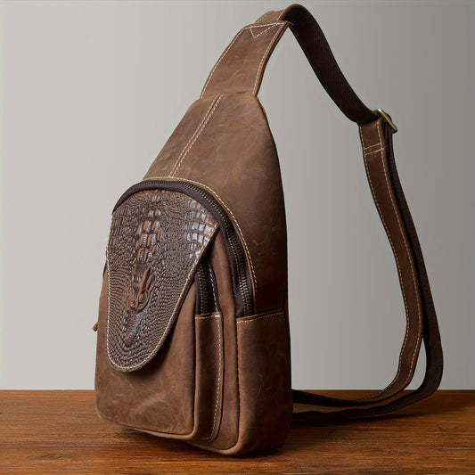 Vintage Genuine Crazy Horse Genuine Leather Sling Bag for Men & Women - Adjustable Strap, Crocodile Embossed Design, Multiple Zipper Compartments