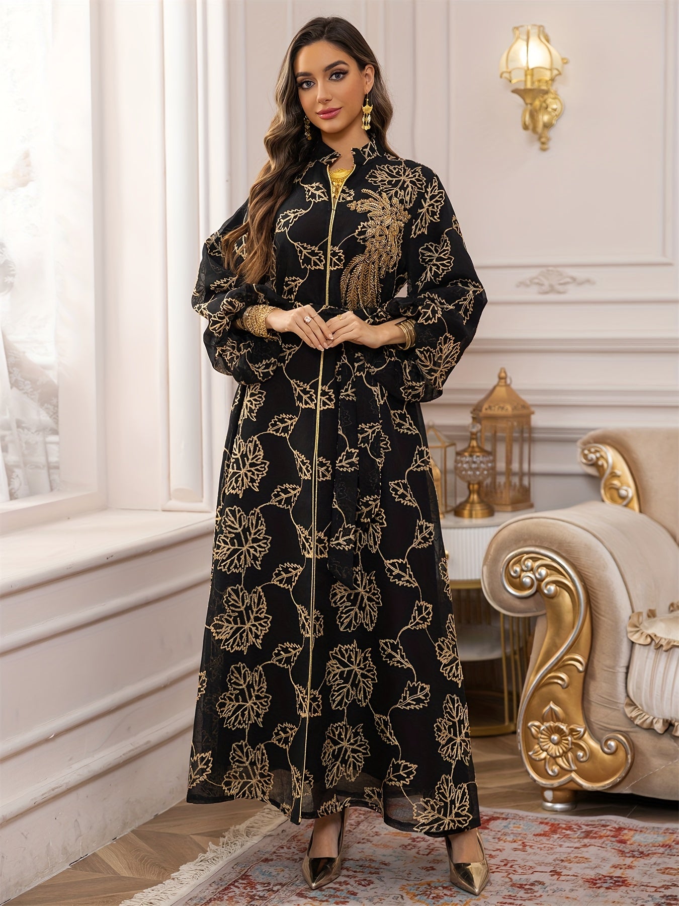 Dubai Floral Embroidery Belted Dress Belt included Lantern Sleeve Maxi Abaya Luxury Woman Evening Dresses Modern Kaftan 2025