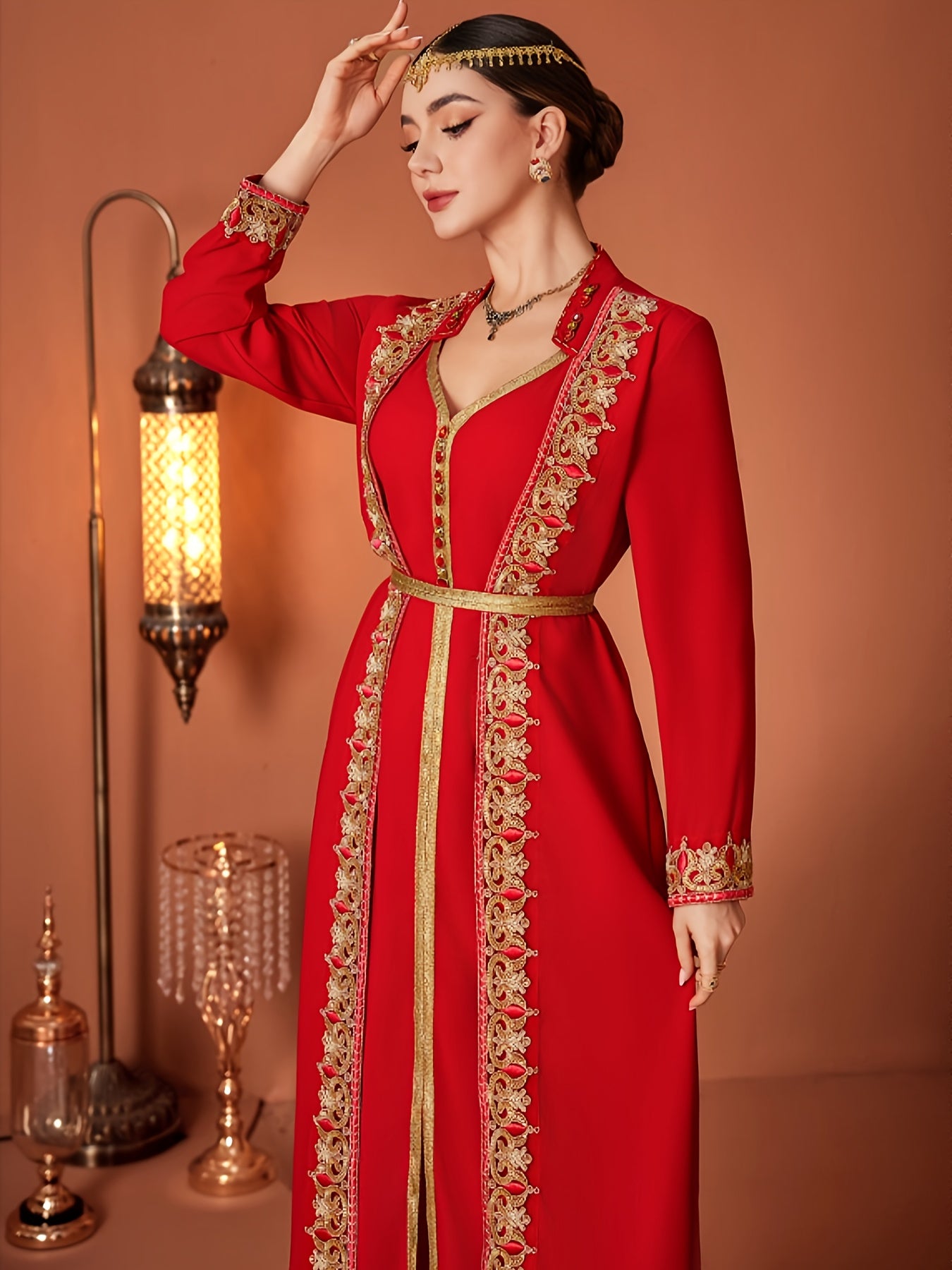 Women's Red Middle Eastern-Inspired Casual Emirati Abaya with Waist & Long Sleeves - 100% Polyester Lightweight Spring/Summer Dress, Elegant Hand Wash Only Solid Color Dress