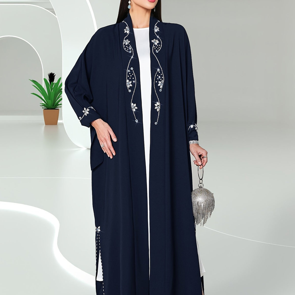 Hand-Sewn Rhinestone-Embellished Oversized Emirati Abaya - Middle Eastern-Inspired Elegance Collection, Solid Color Longline Cover-Up for Casual & Formal Wear, Hand Wash Only, Formal Coverup