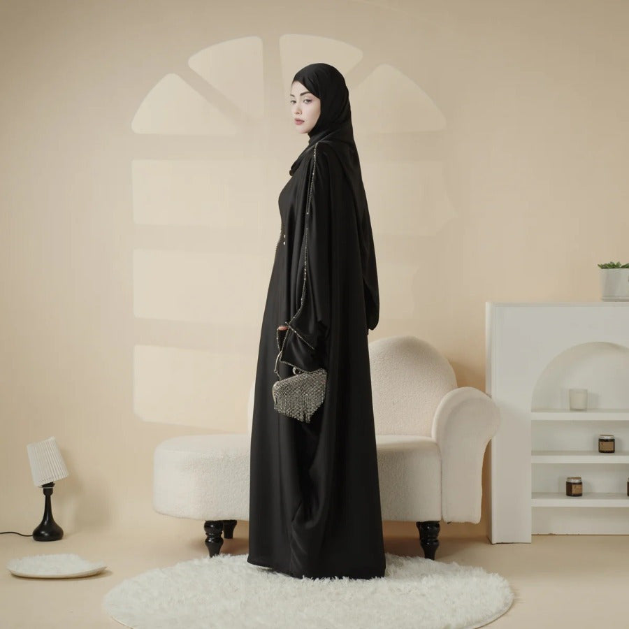 Batwing Emirati Abaya with Matching Hijab | Batwing Sleeve Abaya – Elegant Middle Eastern Arab, Islamic Style Shawl Robe Dress for Women, Long Skirt, Ramadan Prayer Outfit