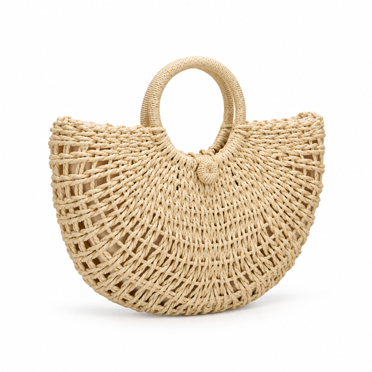 Natural Woven Raffia Half Moon Handbag