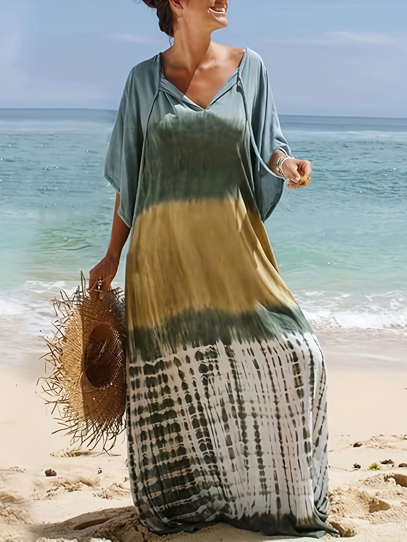 Women Green Tie Dye Kaftan Dress | Beach Cover Up Short Sleeve Maxi Dress, Casual V-Neck Kimono, Loose Fit For Spring/Summer/Fall