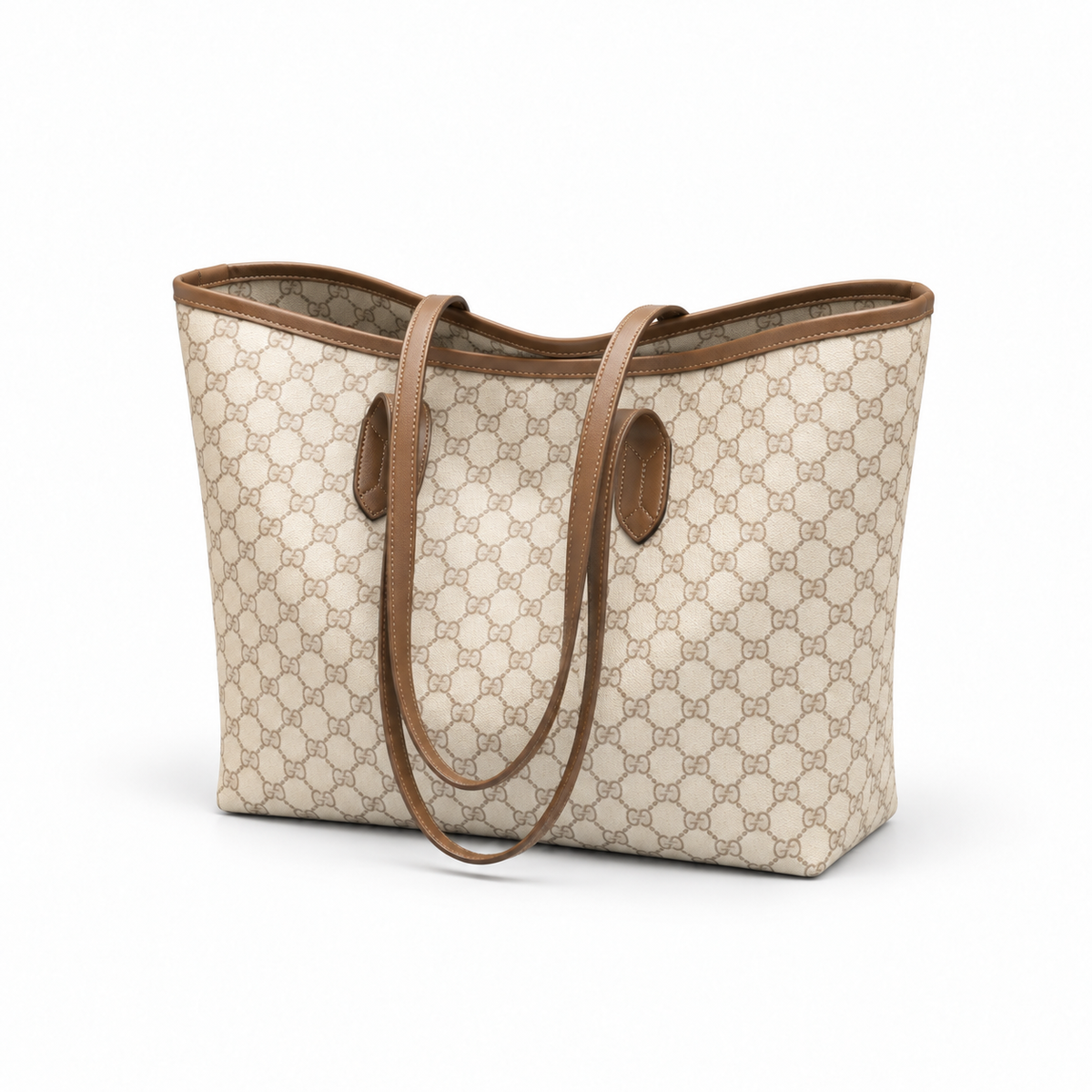 Beige Monogram Brown Trim Tote Bag