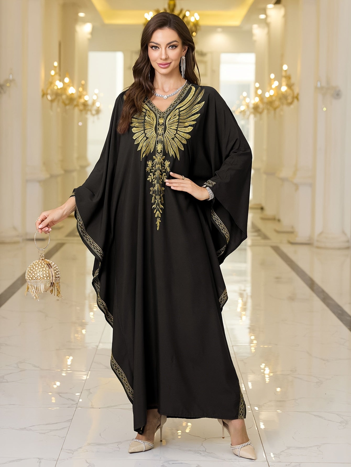 Women's Plus-Size Maxi Dress - Elegant Brown & Golden robe-like gown with Long Batwing Abaya Sleeves, Non-See-Through Formal/Beach/Evening Dress for Women