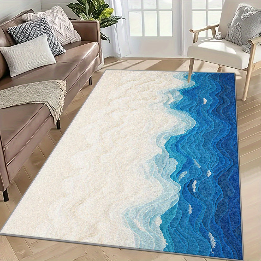 This Is a Large Floor Mat Designed with a Beautiful Seawater Beach Pattern, Featuring a Easy Style And Exquisite Hemming. It Is Made of Faux Cashmere with a Weight of 1200G Per Square Meter And a Thickness of 8.6Mm. The Rug I