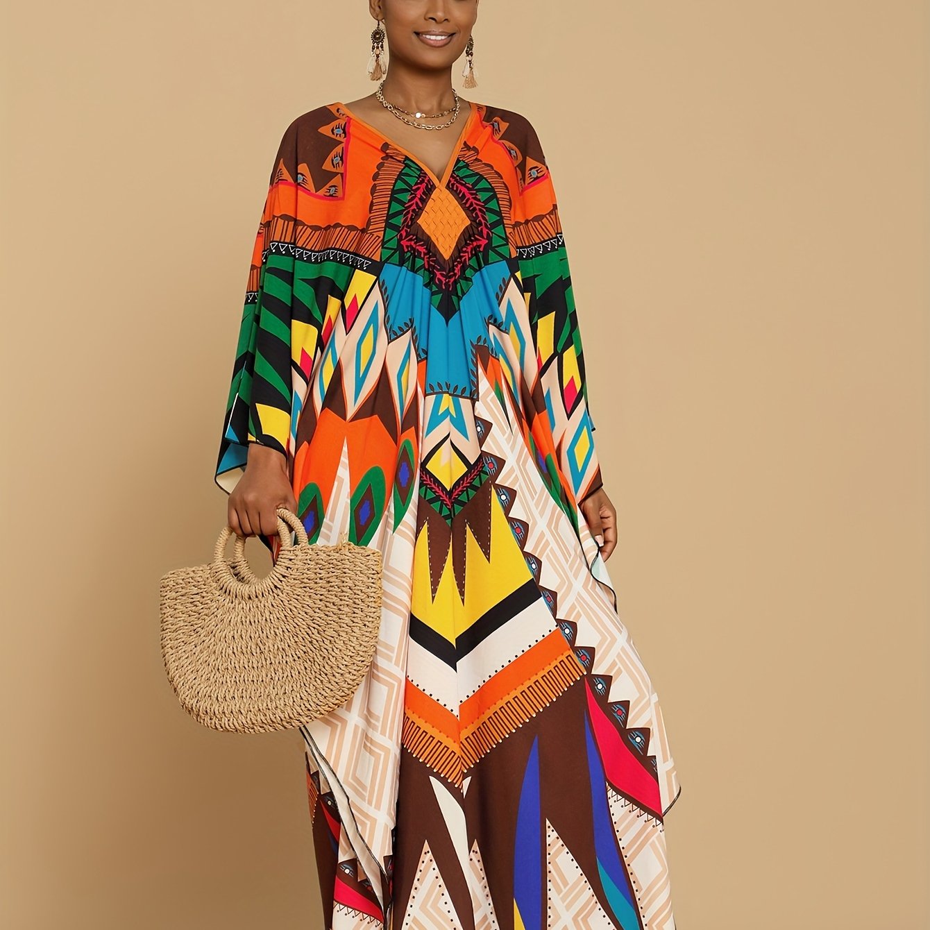 Vibrant Bohemian Kaftan Dress - Four-Sided Elastic V-Neck, Bat Sleeves, Beach Cover-Up