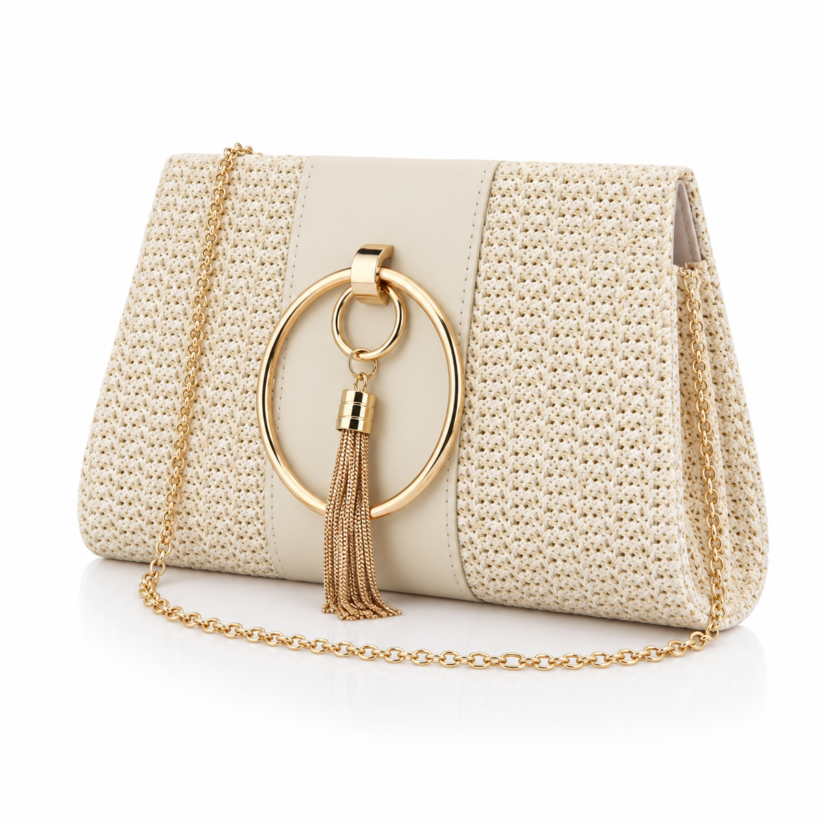 Ivory Woven Gold Tassel Shoulder Bag