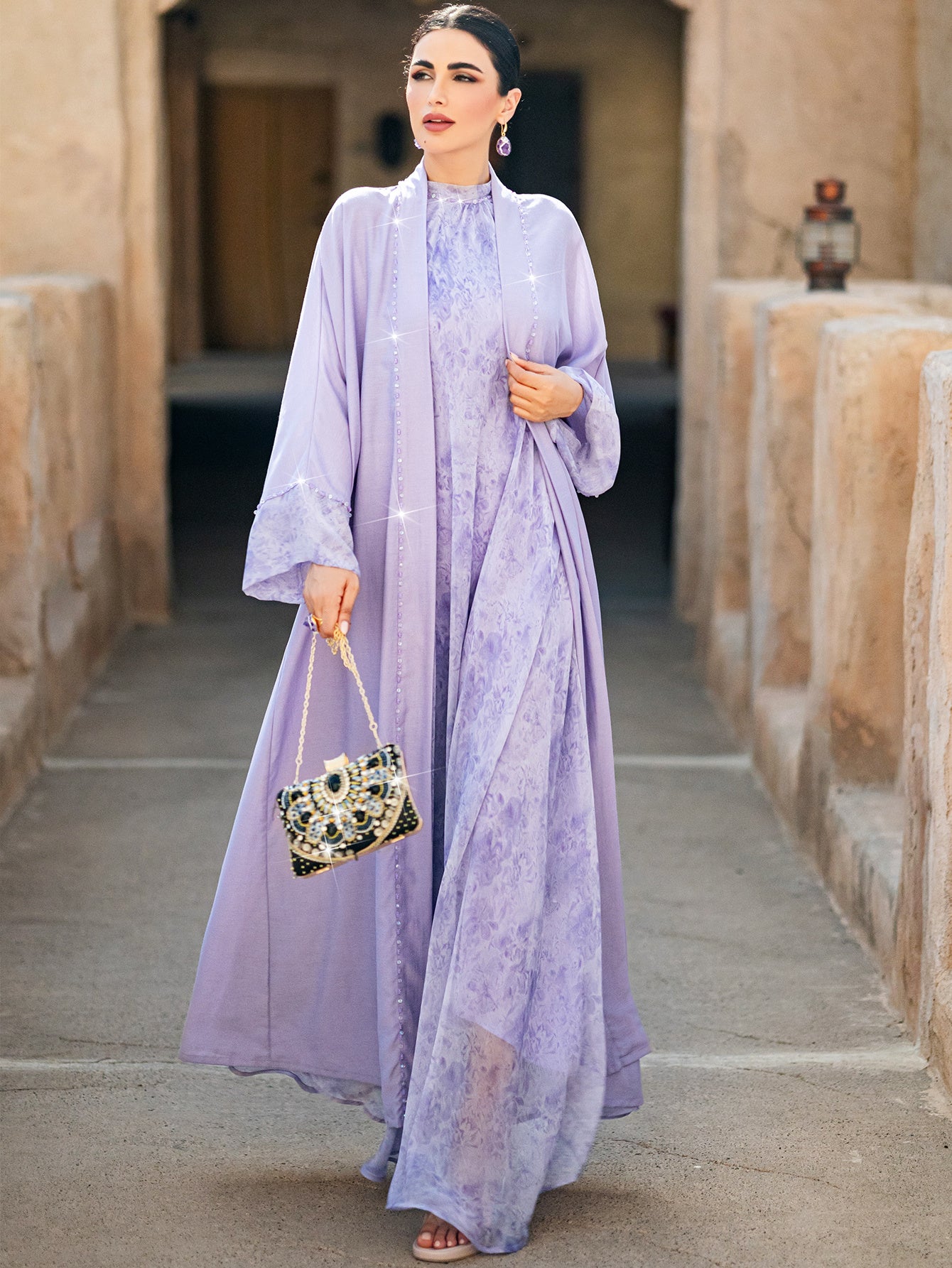 1pc Outerwear, Modern Lavender Abaya with Sparkling Rhinestone Embellishments – Lightweight and Elegant Design (Inner Wear Not Included)